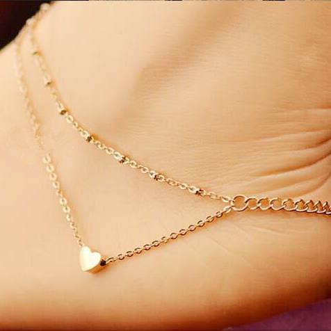 ➰CKK➰ Gelang Kaki FA55 Double Layer Gaya Korea Love Heart Pendant Women