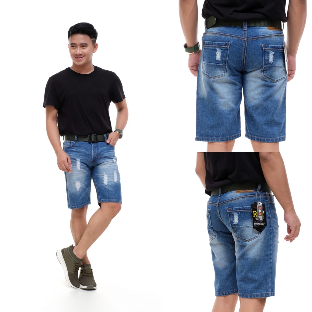 MAGCUN - Celana Pendek Jeans Cowok - Denim Pendek Motive Ripped Kasual