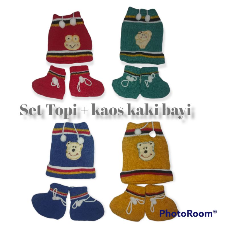 Setelan Topi Plus Kaos Kaki Bayi Bahan Rajut Halus