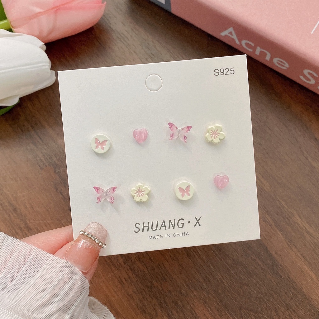 YEEZII Anting Stud S925 Bentuk Kupu-Kupu Hati Bunga Bahan Resin Untuk Wanita