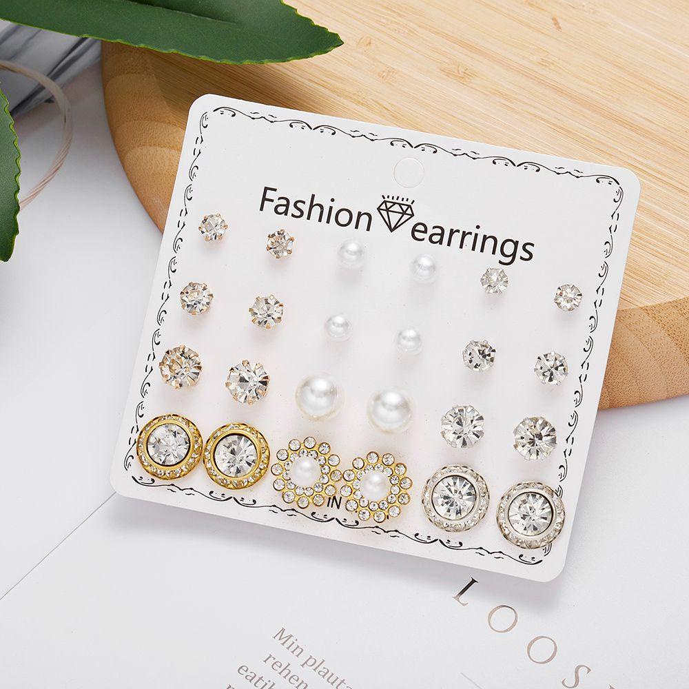 R-flower 12pasang/Set Anting Stud Set Fashion Perhiasan Tindik Berlian Imitasi Geometris