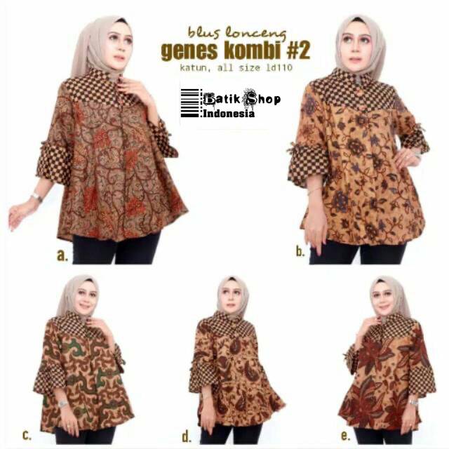 Blus Lonceng Kombi Genes Batik Casual Klasik Atasan Kerja Kantoran Blouse Combi Mozaik Sogan Kondangan Jumbo Lengan Lonceng Motif Sogan Coklat