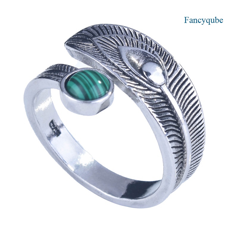 Fancyqube Cincin Model Terbuka Desain Bulu Batu Malachite Warna Hijau Gaya Boho Vintage Untuk Wanita