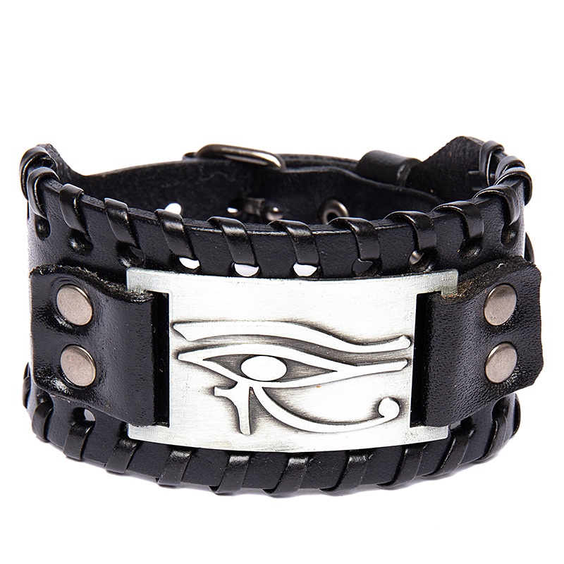 [Z H Perhiasan] Hip Hop Rock Retro Pria Fashion Stainless Steel Viking Horus Mata Rune Gelang Kulit Pesta Perhiasan Aksesoris