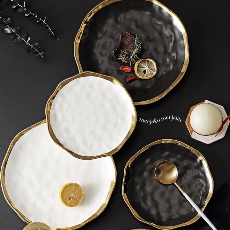 MONA Piring Makan Hitam List Gold / Gold Rim Matte Ceramic Tray Plate / Piring Keramik Mewah / Pirin