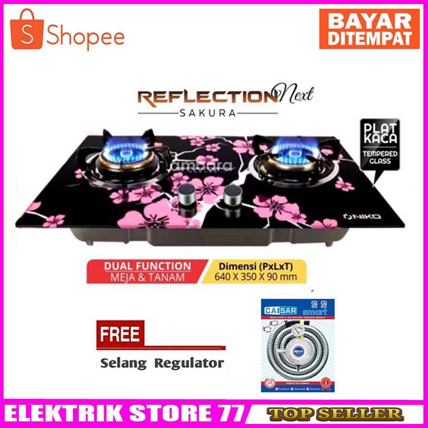 Niko Kompor Gas Tanam + Meja 2in1 Tempered Glass 2 Tungku SAKURA Free Selang Paket
