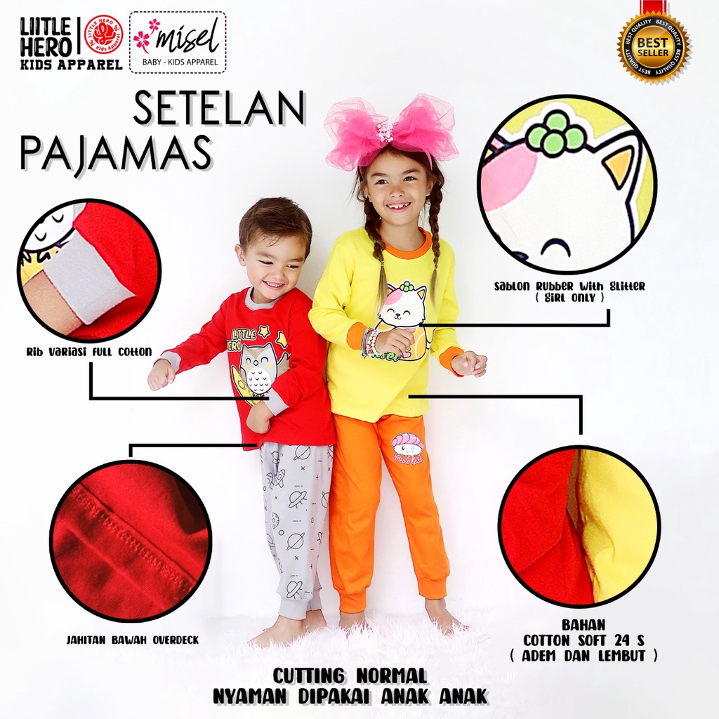 PIYAMA ANAK MEREK LITTLE HERO AND MISEL 2-8 TAHUN BAHAN KATUN SOFT 24'S SABLON RUBBER ANTI PECAH