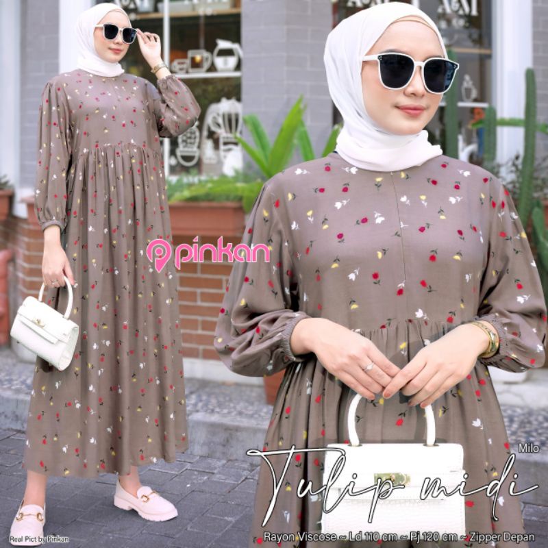 TULIP MIDI DRESS BY PINKAN/RAYON VISCOSE LD 110 ZIPPER DEPAN BUSUI FRIENDLY