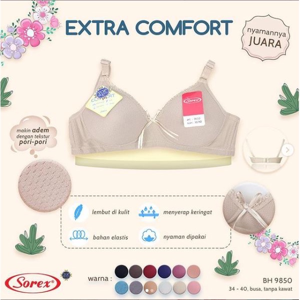 Bra SOREX 9850 EXTRA COMFORT BH wanita busa tanpa kawat polos nyaman size 34 36 38 40 Kait 2 3/4 BTK