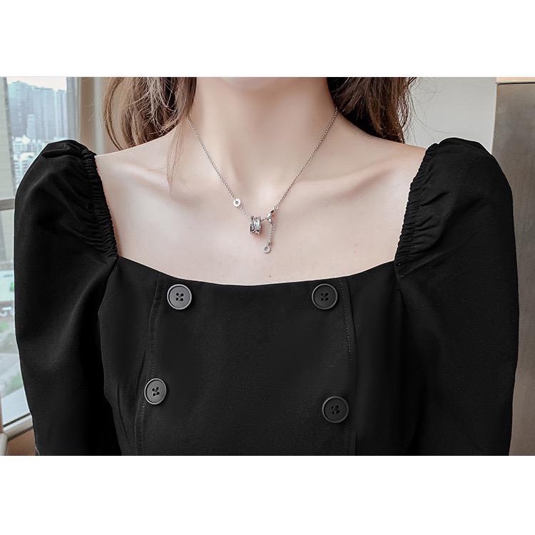 [littlecrab] Setelan Atasan Square Neck Celana Pendek Hitam Abu-Abu Simple Elegan Simply Fashion Dress Berkualitas Sabrina Set Korean Style