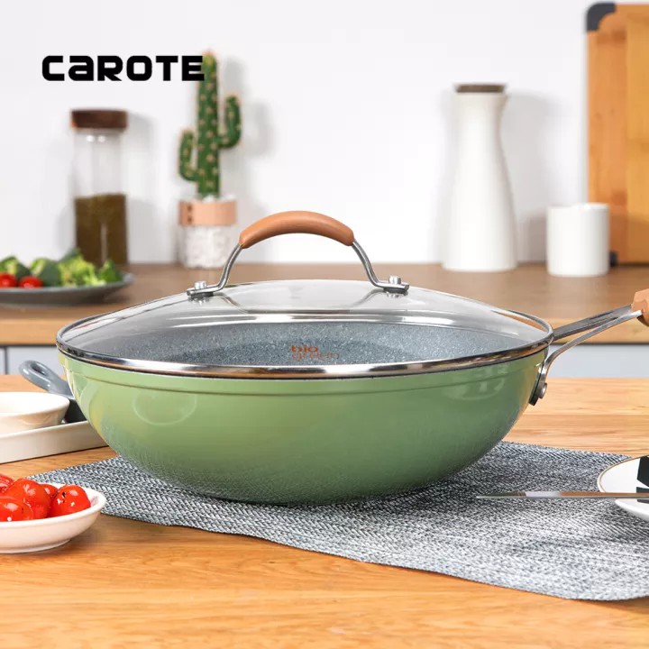 Carote Bio Green Non Stick Stir Fry Wok 28 Cm - Panci / Kuali Bebas PFOA - Aman Masak Makanan Bayi