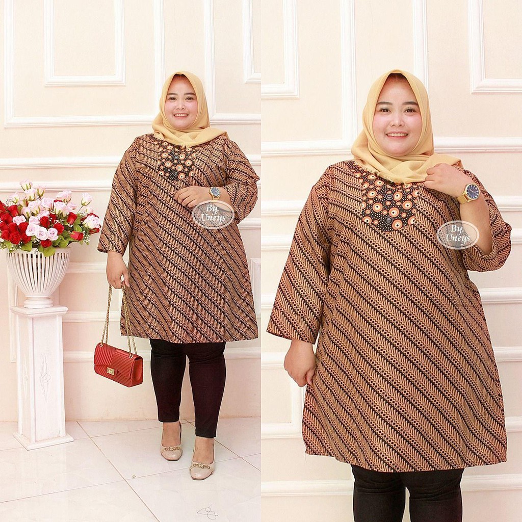 Tunik Batik Wanita Ukuran Jumbo LD 140cm Resleting Belakang Bahan Katun Adem Di Pakai Serap Keringat