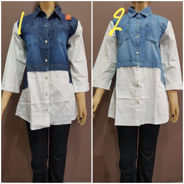 YULI - Atasan Kemeja Jeans Wanita Kombinasi Lengan 3/4 (kode 64)