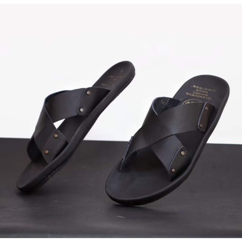 XMIN BLACK Sandal pria kulit asli cevany original handmade sandal jepit kulit pria bisa COD