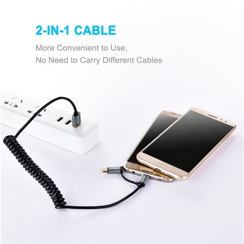 Choetech Kabel Charger 2 in 1 Micro USB + USB Type C Spring Cable 3A - XAC-0012-101 - Black