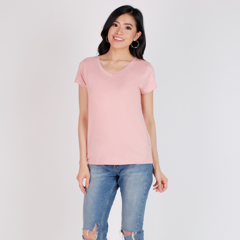 KAOS WANITA V NECK POLOS LENGAN PENDEK BAJU CEWEK/CEWE MURAH MODEL TERBARU /KEKINIAN ATASAN KERAH V