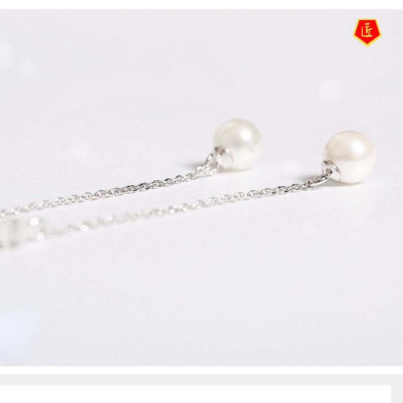 [Ready Stock]Elegant Silver Long Fringed Pearl Earrings for Women