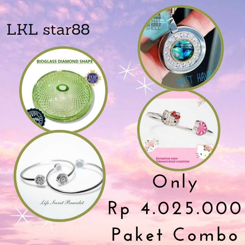 Paket Hemat Combo Bioglass Shape D10 cm + Life Secret Bracelet + LSW SHELL2 + Bangle Hello Kitty ORI