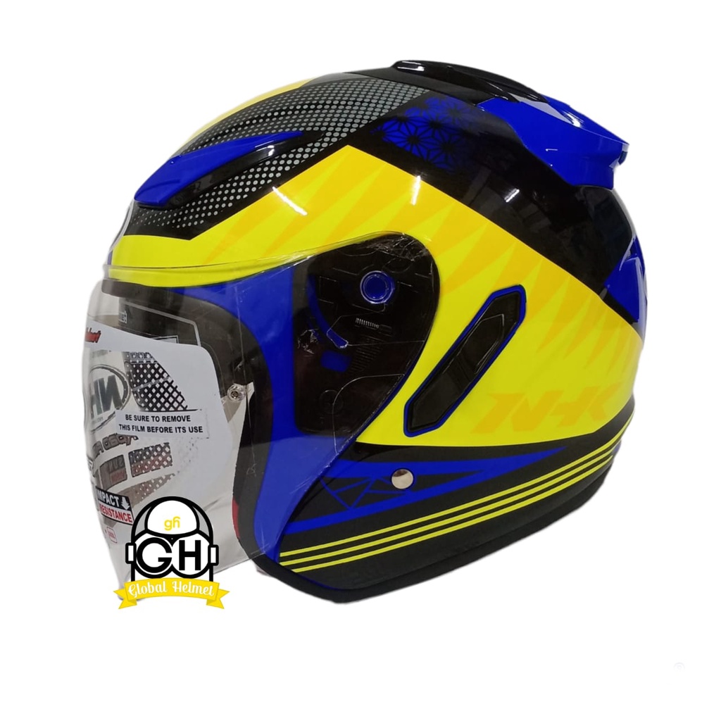 HELM NHK R1 MOTIF BIZARE BLUE AQSO YELLOW NHK R-1 BIZARE BLUE AQSO YELLOW DOUBLE VISOR