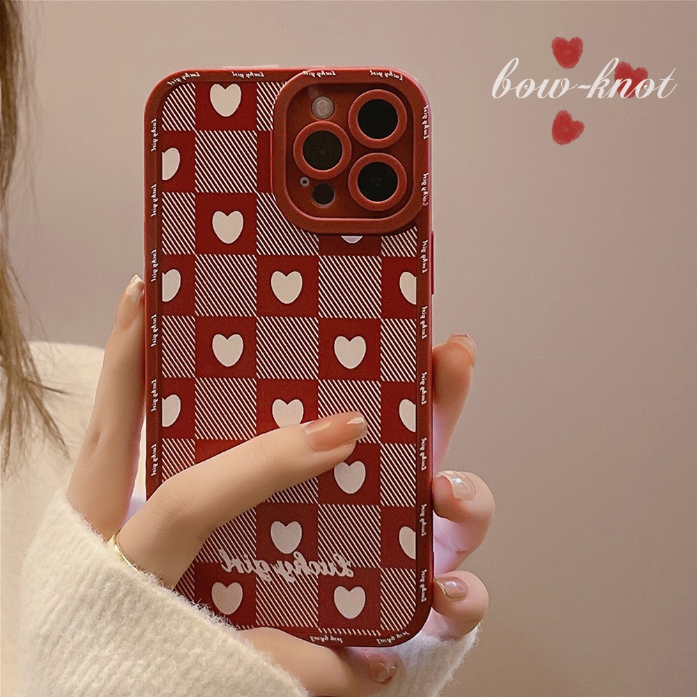 Soft Case Motif Hati Kotak-Kotak Warna Merah Anggur Matte Untuk Iphone 7 8 PLUS X XR XS 11 12 13 MINI PRO MAX SE 2020