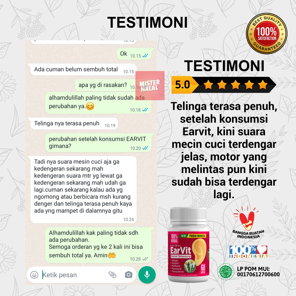 EARVIT Obat Gangguan Telinga, Obat Tinnitus, Telinga Berdenging, Berdengung, Mendengung Pada Telinga Kiri/Kanan, Obat Congek Telinga Bernanah, Infeksi Telinga, Curek, Bisa Untuk Anak Dan Dewasa