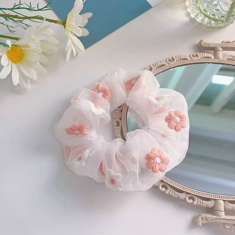 Ikat Rambut Korea Scrunchie Daisy Bunga Rambut Karet Rambut Chiffon Wanita