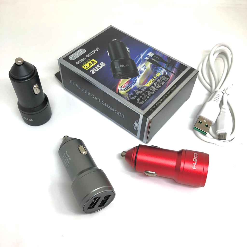 PROMO Car charger 2usb plus kabel micro fleco f68/f88 3.4A/Saver Mobil 2usb plus kabel Micro fleco f68 by sultan