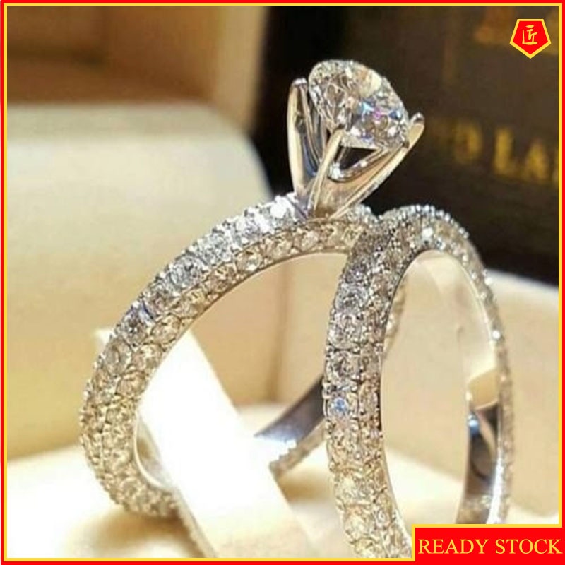 [Ready Stock]S925 Silver Full Diamond round Moissanite Ring Set Female