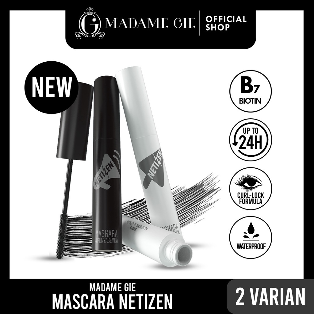 MADAME GIE Netizen Mascara Indonesia / Maskara Smudgeproof Waterproof Pigmented Long Lasting Curly Curl Lock / Anti Air Tahan Lama / Black Clear Fibre / Warna Hitam Tranparan / Pelentik Bulu Mata Lentik Natural / Makeup Cosmetic Kosmetik Face Eye Make Up