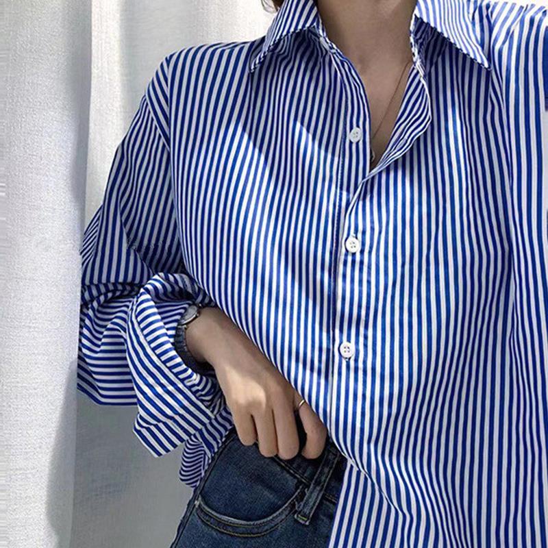 Kemeja garis-garis vertikal biru wanita kemeja lengan panjang longgar baru