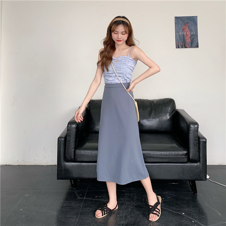 Rok A-line panjang pinggang tinggi ramping kasual wanita Korea warna solid