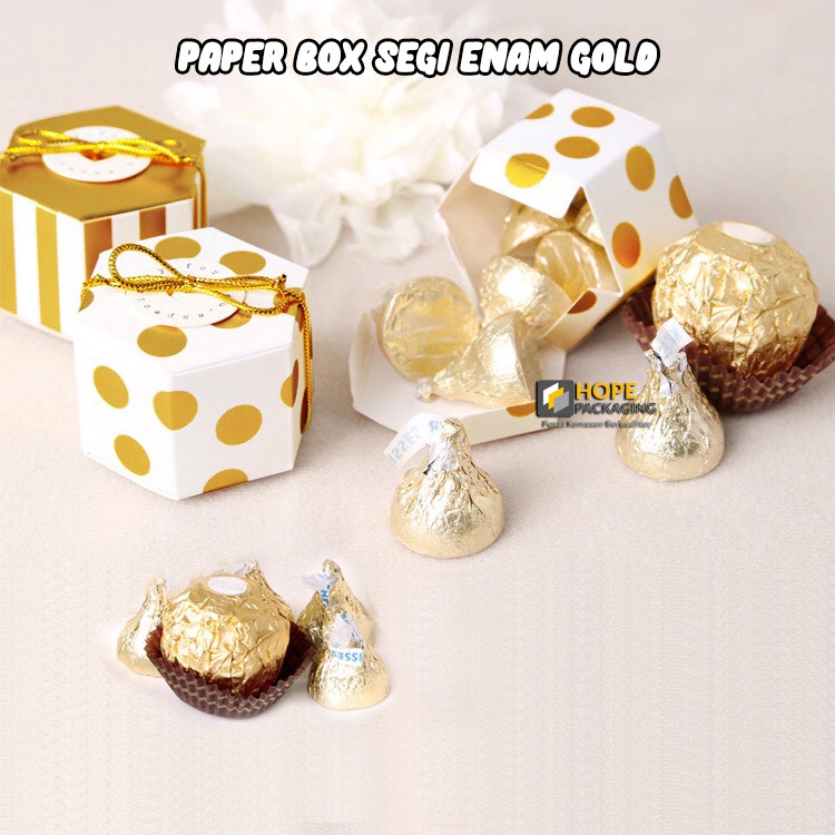 [ 5 Pcs ] Paper Box Segi 6 Gold Ukuran =3 x 4.9 x 2.5 cm Packing Cake Souvenir Lebaran Wedding