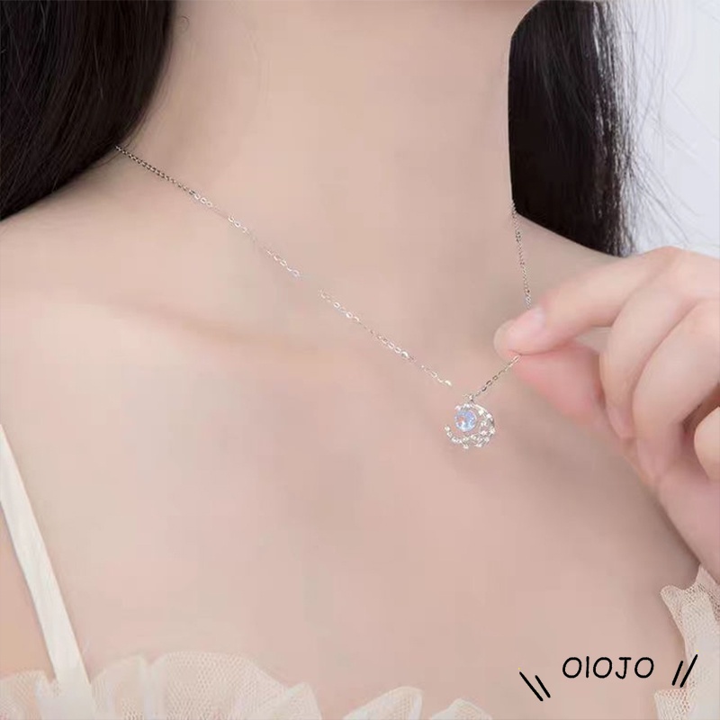 Moon Diamond Moonstone Necklace Desain Sederhana Kalung Mewah Ringan - ol