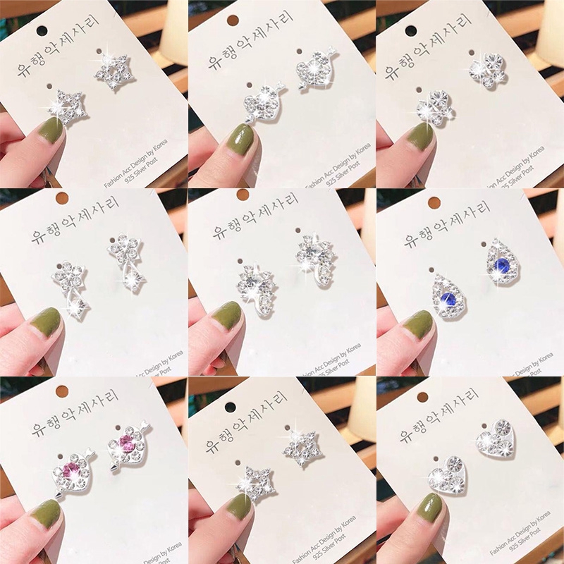 Anting Tusuk Desain Hati Kristal + Pita Warna Silver Gaya Korea untuk Wanita