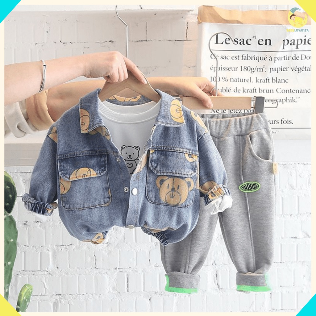 BABYLOVANTA- Setelan anak impor premium 0-5 TAHUN MODEL BEAR DENIM Outwear laki laki lucu