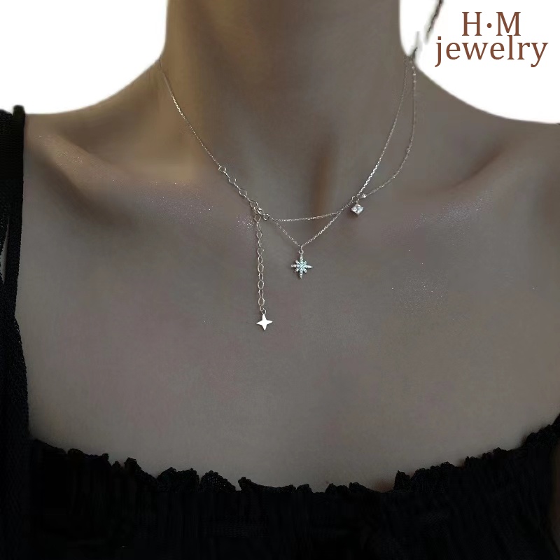 2022 Kalung Rantai Clavicle Simple Dua Lapis Dengan Liontin Bintang + Berlian Imitasi Untuk Wanita