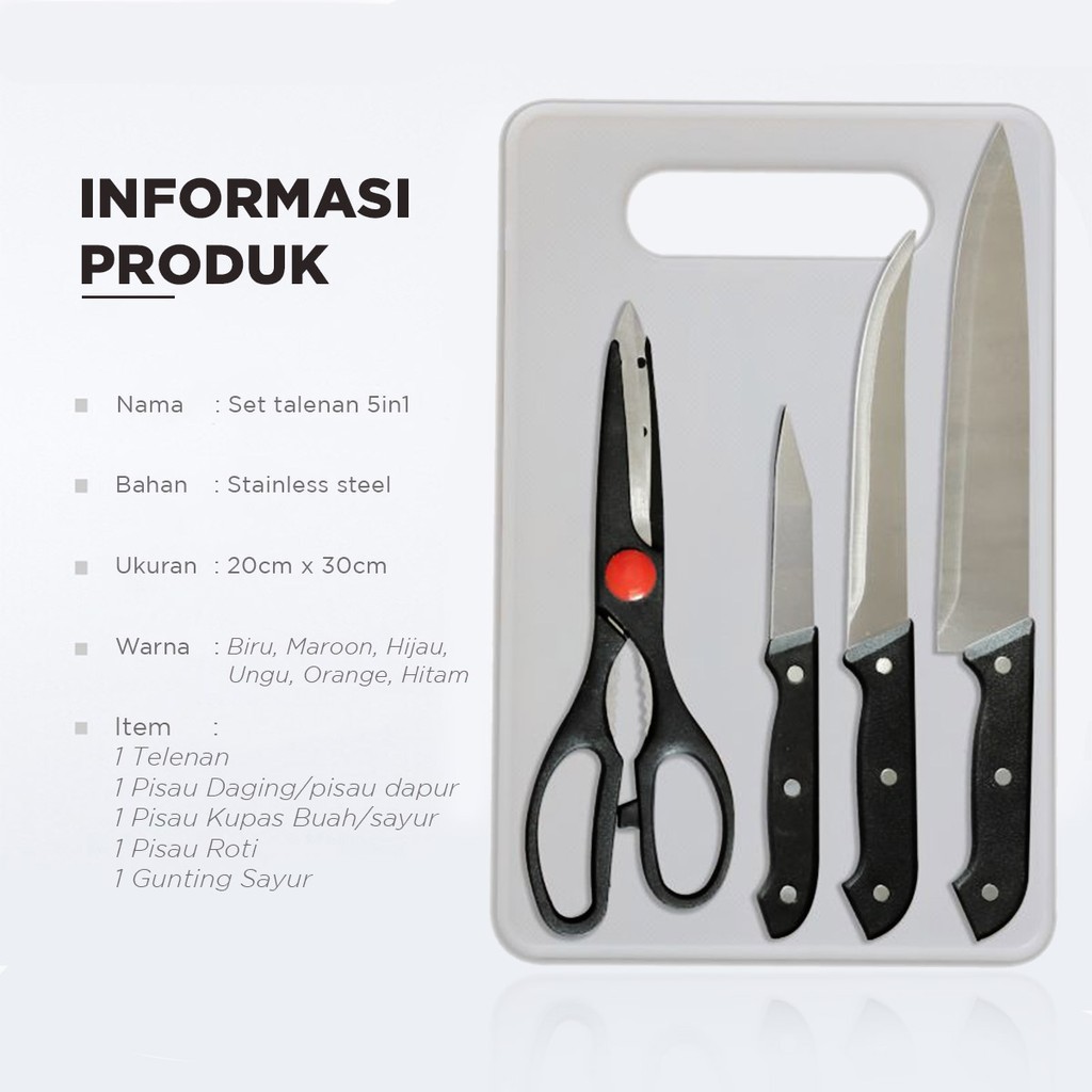 Set Pisau Dapur Set 5in1 Plus Talenan Stainless Pisau Dapur - missbejogrosir