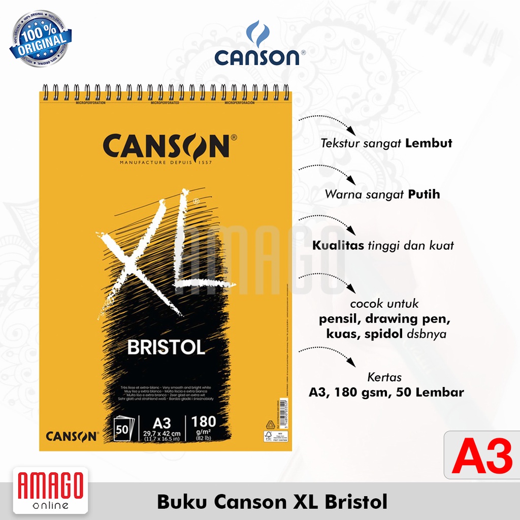 Buku Gambar CANSON XL Bristol - 50 Lembar 180 gsm A3 - 29,7 X 42 cm - 31078A022