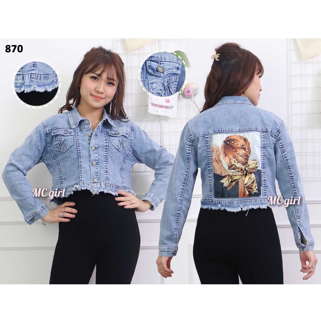 MC girl - Jaket Jeans Crop Rawis Gambar Pita Belakang 3D Wanita / Jacket Lepis Body Pendek Rumbai Gambar Belakang Sequin Cewek / Jaket Denim Snow Wash