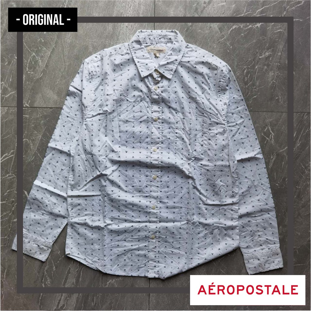 Kemeja Pria AEROPOSTALE Lengan Panjang Putih Motif Biru Merah