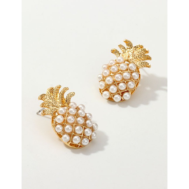 LRC Anting Tusuk Fashion Golden Alloy Pineapple Pearl Earrings D63036