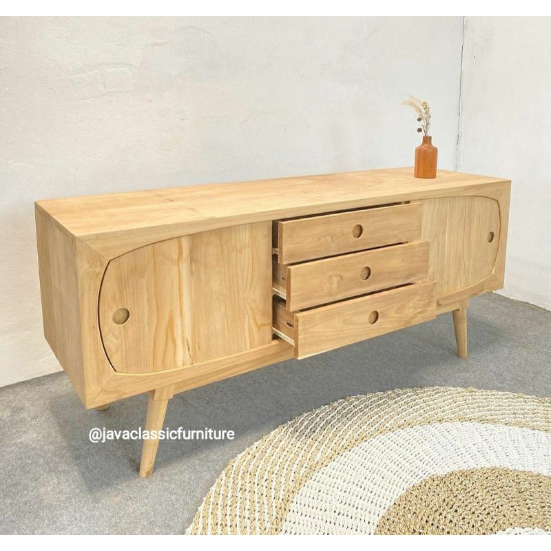 BUFET TV RETRO MINIMALIS PAJANGAN RUANG TAMU BAHAN KAYU JATI TPK FINISHING NATURAL-3