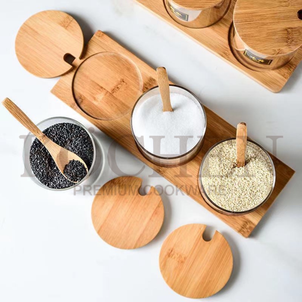 MYKOCHEN.INA Tempat Bumbu Dapur SET 3pcs Free Sticker Free Sendok Botol Bumbu Dapur Wadah Bumbu Dapur Gula Garam Kaldu Kopi Teh Multifungsi Kaca Neron Glass Bamboo Jar Toples Transparan Gaya Jepang Aesthetic Nordic Scandinavian Bambu Kayu Canister