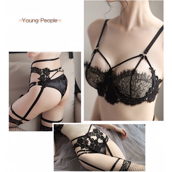 Wanita Lingerie Sexy Renda Bikini G String Set Garter belt dan Stoking 3B017
