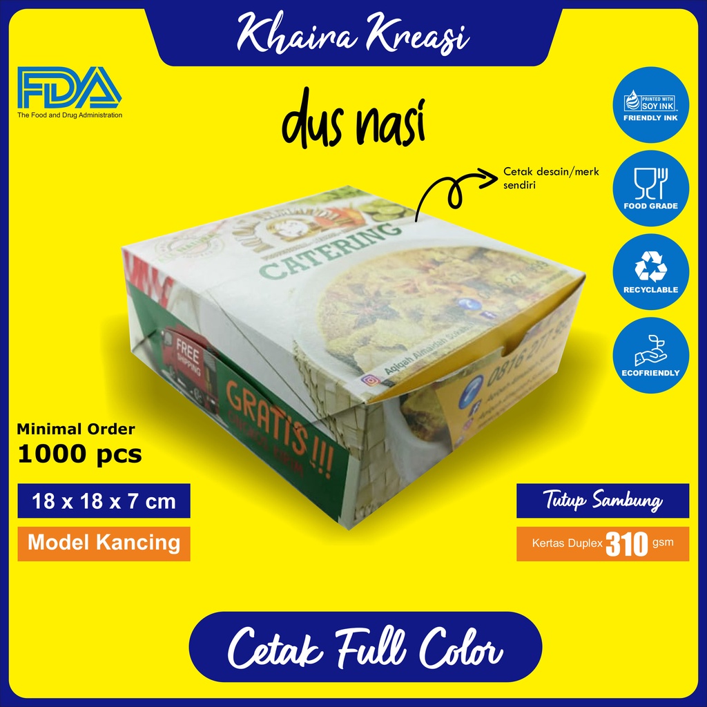 

Cetak Custom Dus Nasi / Dus Catering / Kotak Nasi / Ukuran 18x18x7 cm (Tutup Sambung) Minimal 1000 Pcs / cetak Full Color