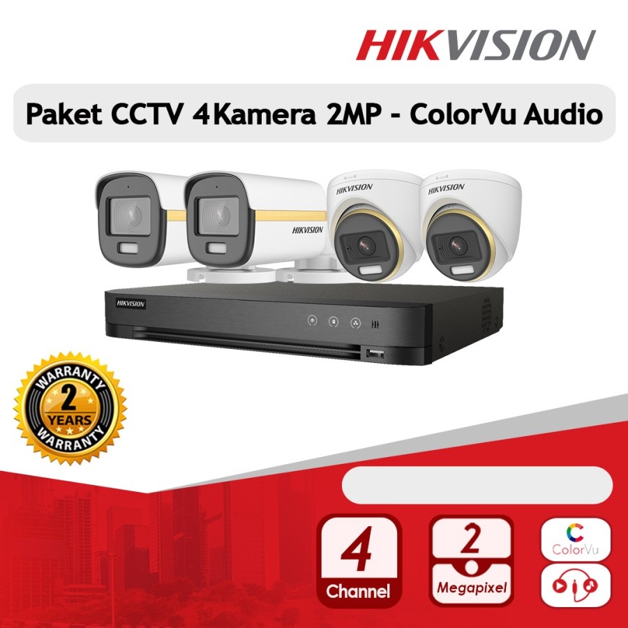 PAKET CCTV HIKVISION 2MP COLORVU AUDIO 4 KAMERA TANPA HDD SIAP PASANG