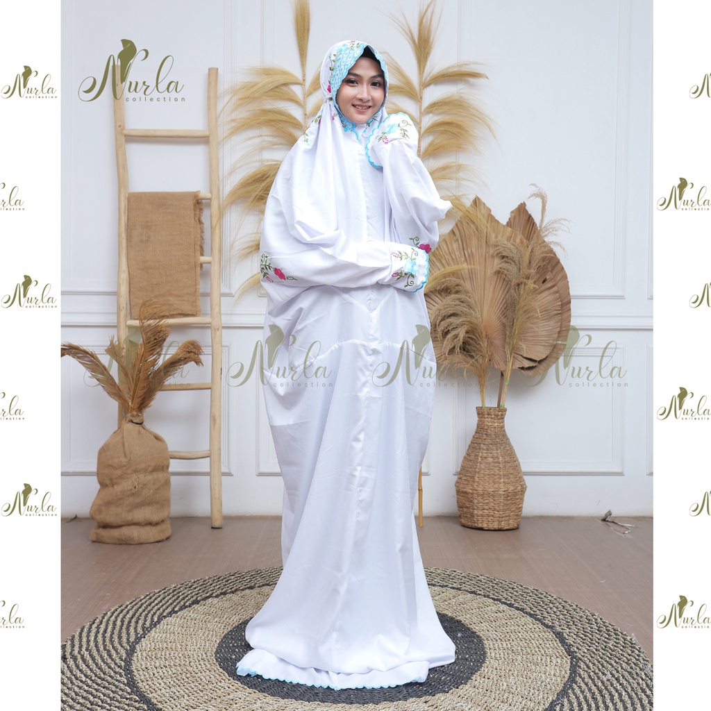 Mukena Lajuran Terusan Bordir Komputer Bunga Kecil Polino