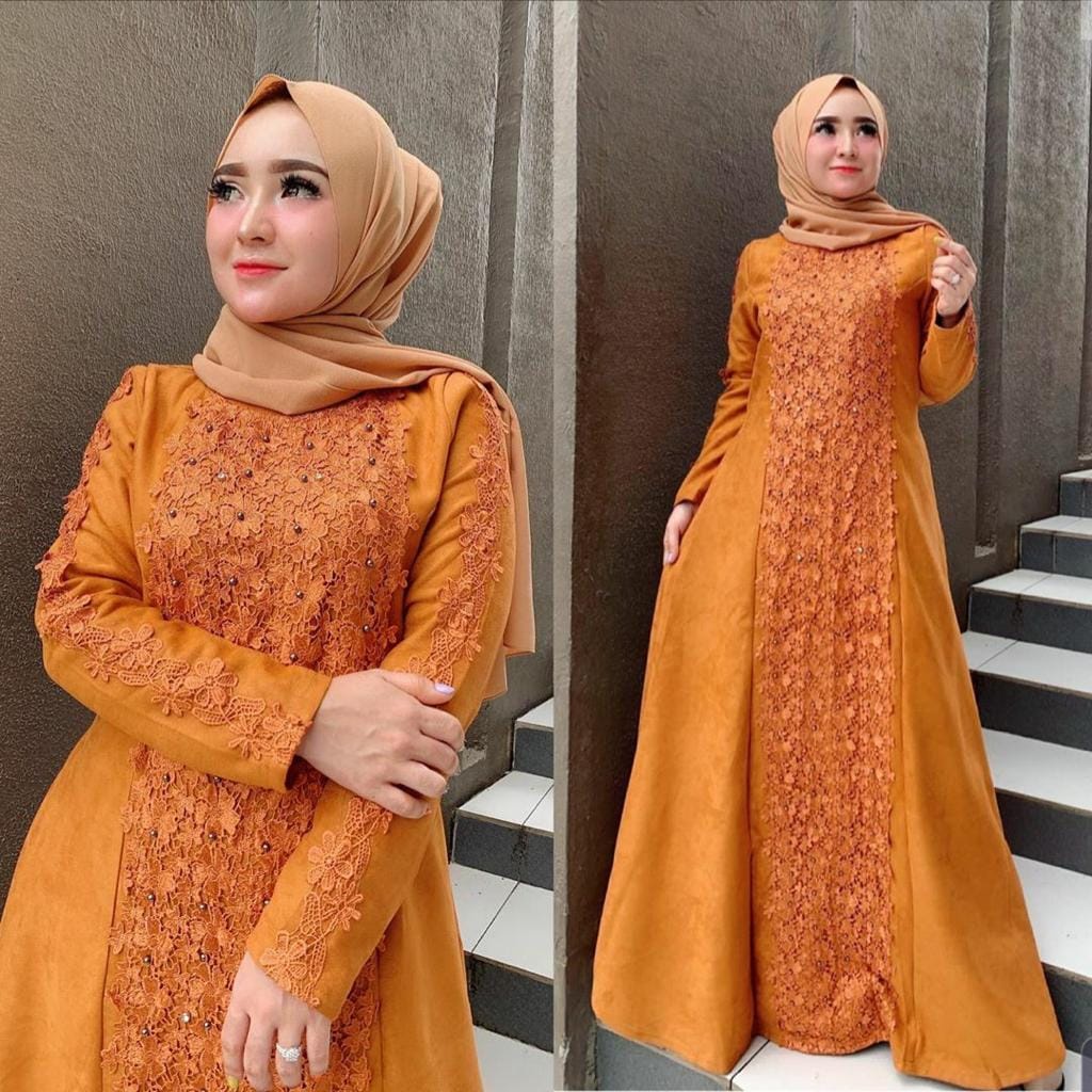 XC - Dress Brokat Linken / Dress Maxi Jumken / Fashion Muslim Model Brukat Idul Fitri-Bata