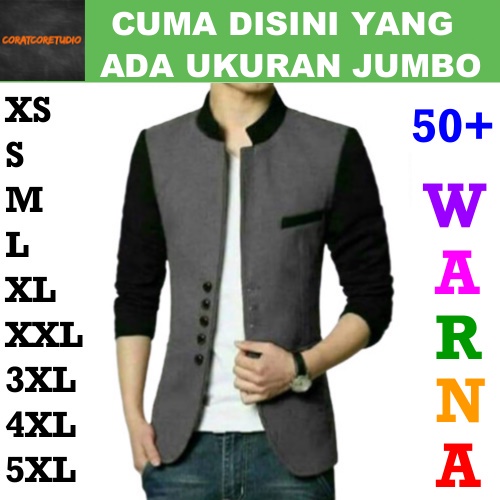 JAS BLAZER TEBAL Pria Cowok Laki Casual Kasual Kantong Saku ABU TUA GELAP kombinasi lengan HITAM