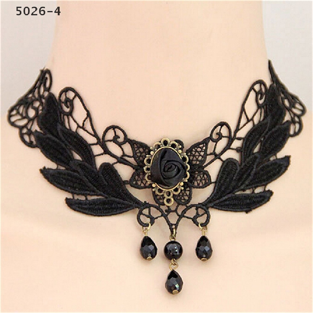 5026-4 Kalung Choker Lolita Bahan Lace Dengan Liontin Bunga Mawar Hitam Untuk Wanita